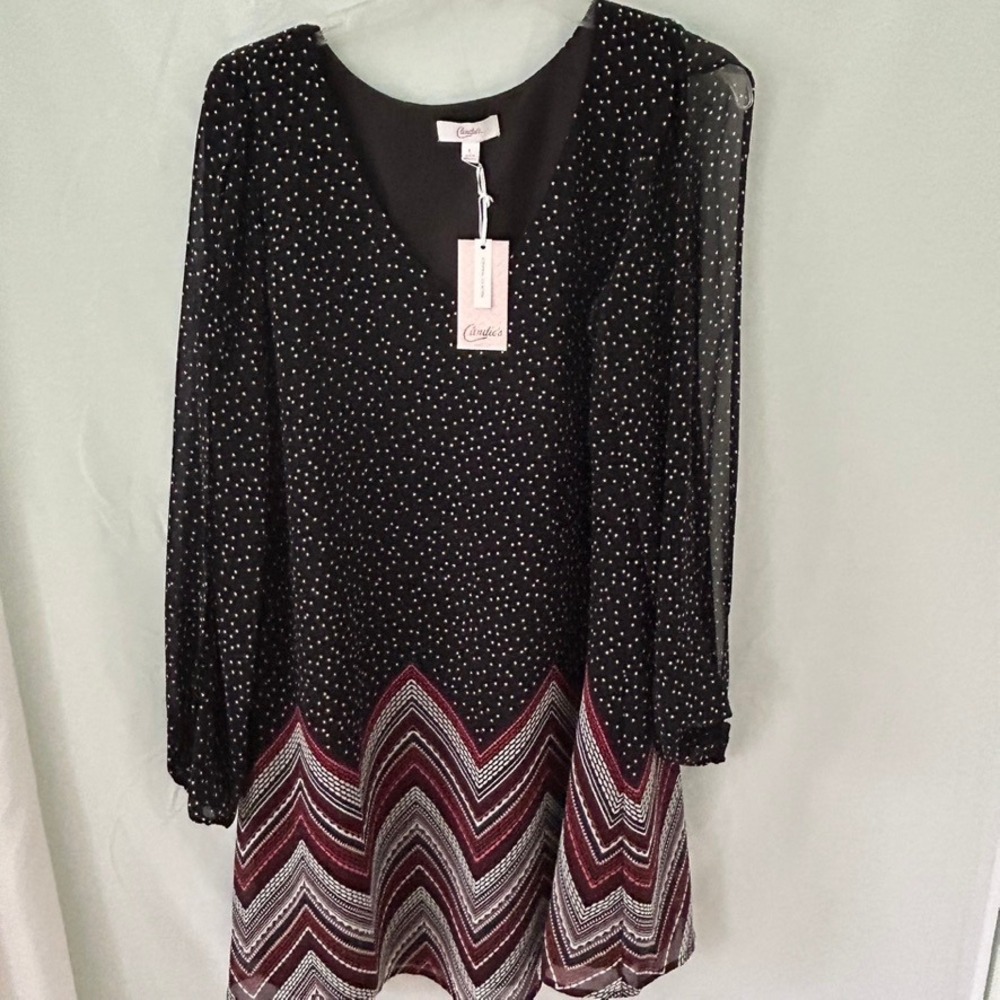 Candies Black Polka Dot Chevron Sheer Split Sleeve Mini Dress Size Large‎
